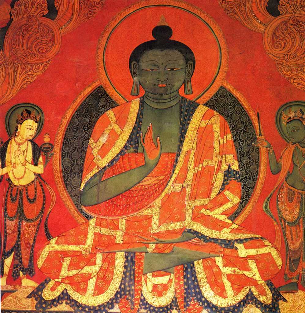 Tibet Guge 07 Tsaparang Red Temple 05 Amoghasiddhi On the walls large frescoes follow one another reproducing the �gods of medicine� together with other deities. - Giuseppe Tucci: The Temples of Western Tibet and their Artistic Symbolism (1935). Photo of Amoghasiddhi: Weyer/Aschoff: Tsaparang, Tibets Grosses Geheimnis.